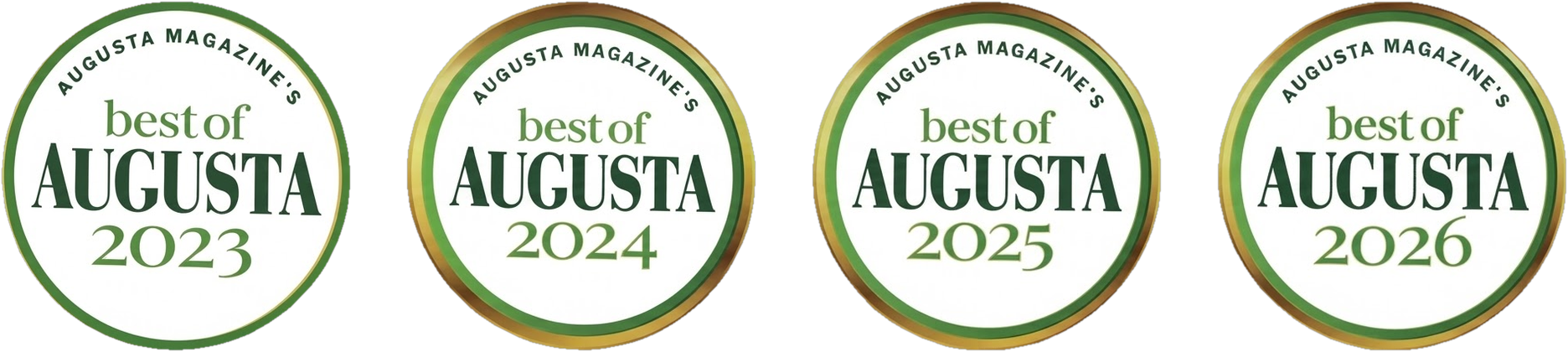 Augusta Magazine's Best of Augusta award seals for 2023, 2024, 2025, and 2026